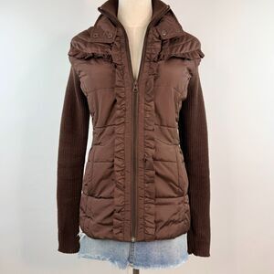Y2K Brown Puffy Jacket Ribbed Knit Sleeves Ruffled Collar Preppy 2000s Size L